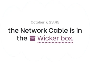 A Wimz reply reading: the Network Cable is in the Wicker box