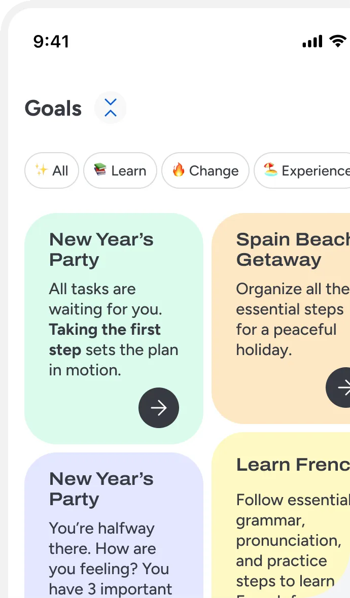The Unlock goals screen, with goal cards for a party, a beach trip and learning French
