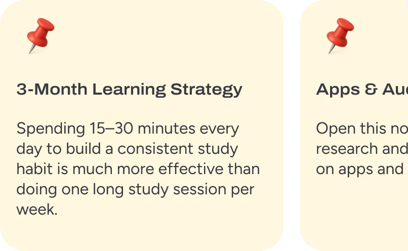 Two pinned notes, one on building a study habit and one on a research notebook