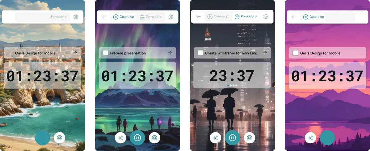 Four Oasis focus timers set against coast, aurora, city and mountain backgrounds