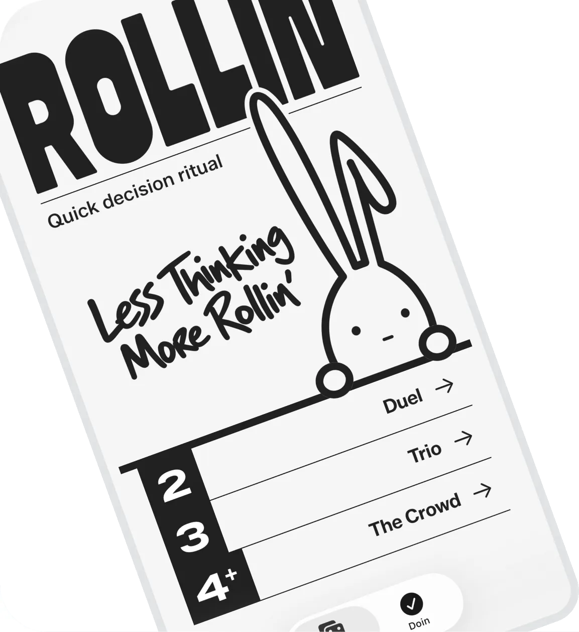 The Rollin home screen: less thinking, more rollin, with duel, trio and the crowd