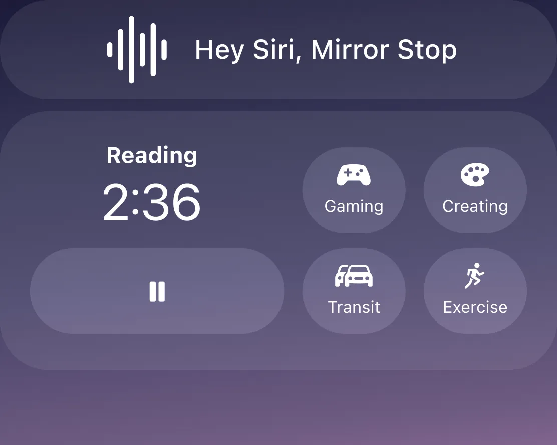 A Siri prompt reading Hey Siri, Mirror Stop, above lock screen widgets