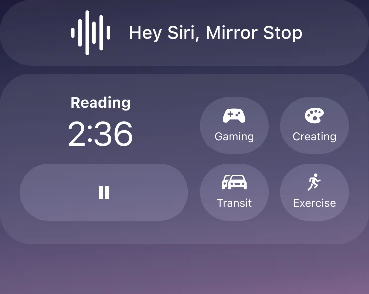 A Siri prompt reading Hey Siri, Mirror Stop, above lock screen widgets