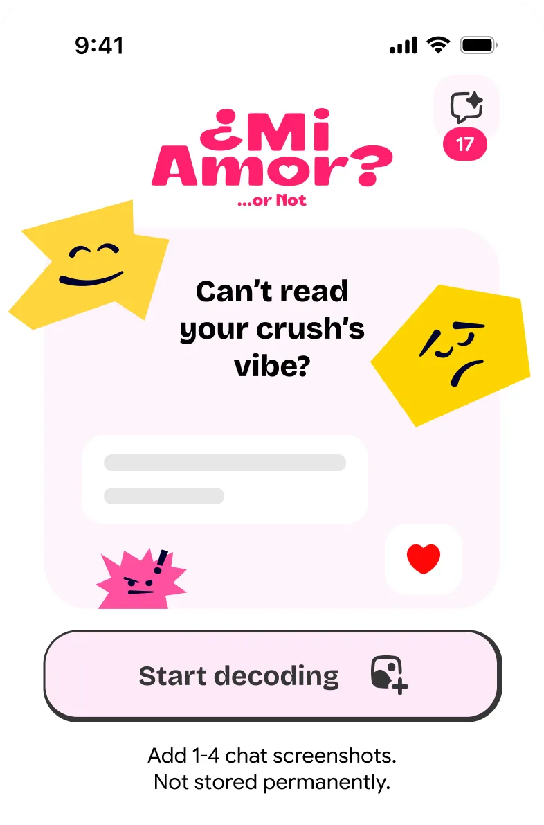 The Mi Amor start screen, asking whether you can read your crush’s vibe