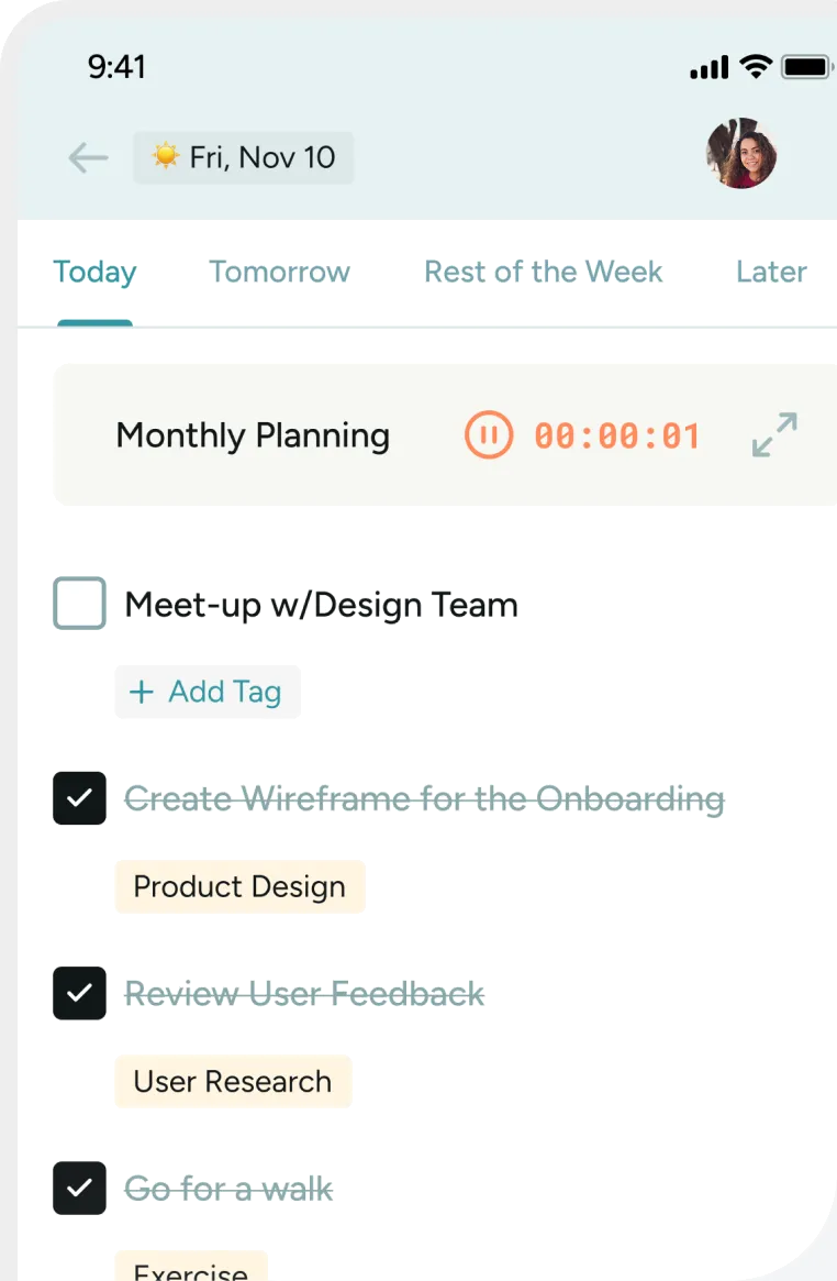 The BeforeSunset AI task list for today, with a running timer on Monthly Planning